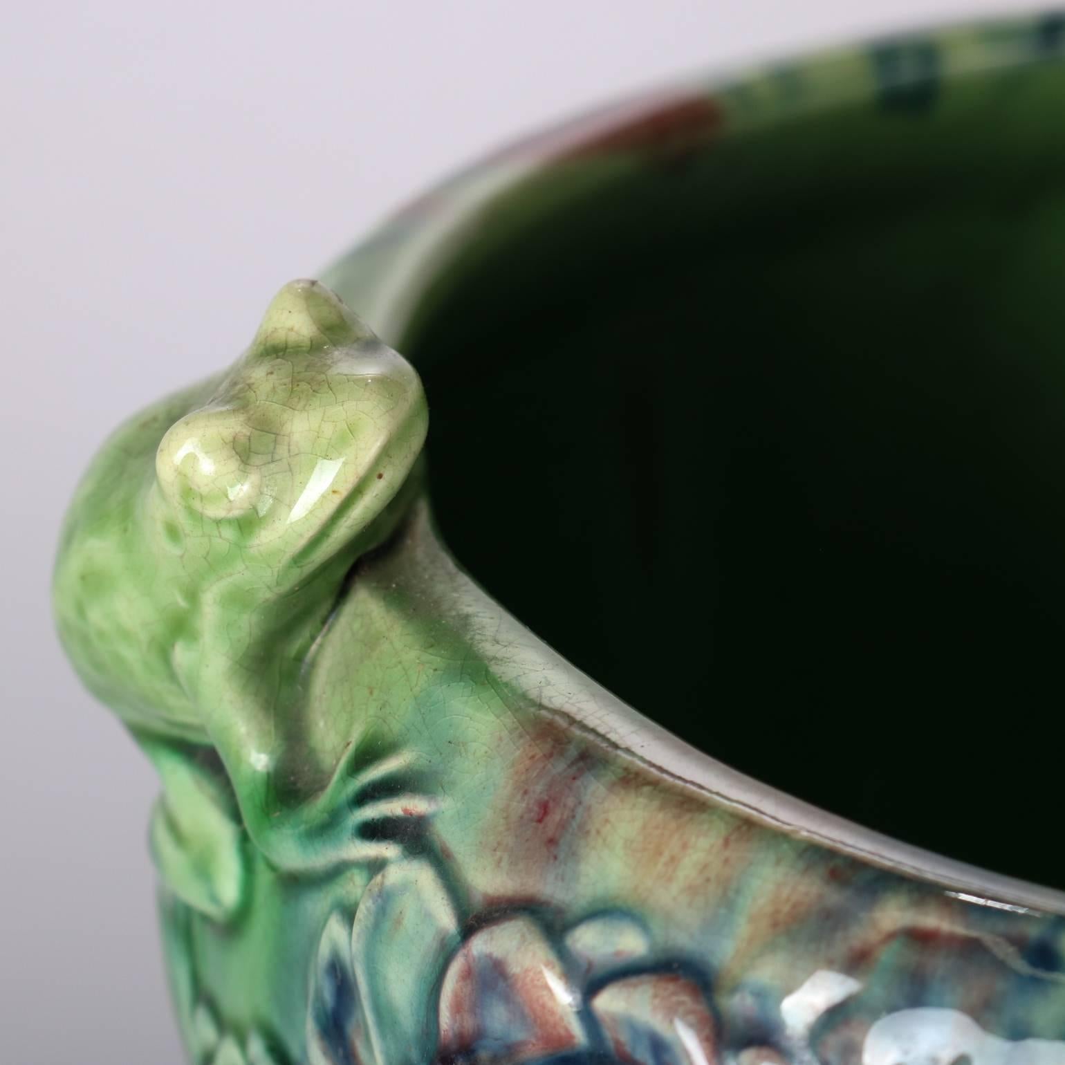 Hand-Painted 20th Century Drip Glaze Italian Majolica Art Pottery Frog Pond Jardiniere