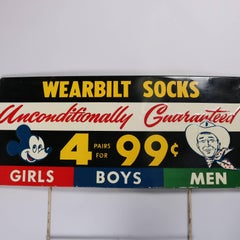 Vintage Tin Advertising Sign, Wearbilt Socks with Mickey Mouse & Roy Rogers