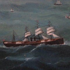 Antique Nautical Oil on Canvas Chinese Seascape Trade Painting of Sailing Ships