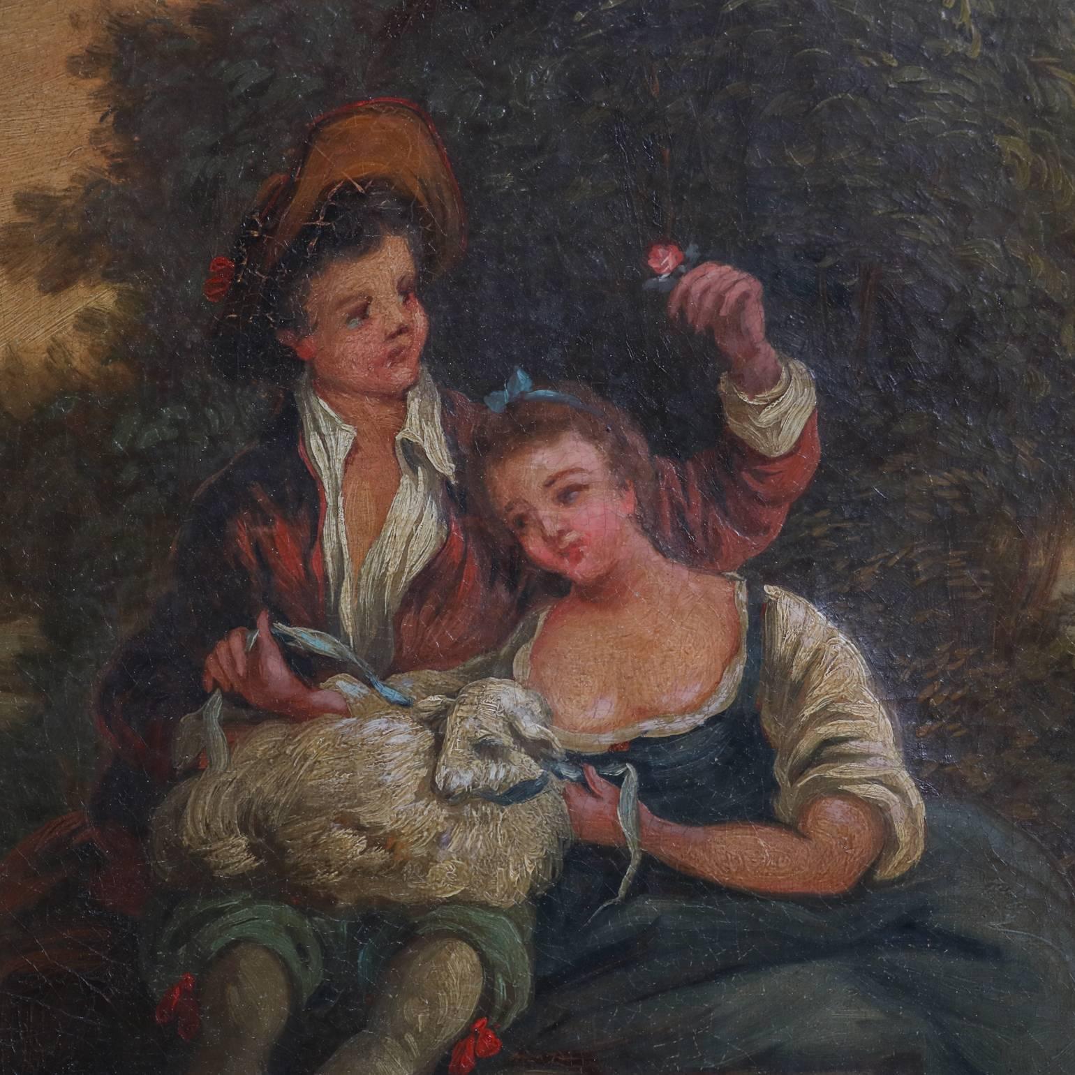 Antique and fine English oil on canvas painting of mountainous and wooded landscape scene with a courting couple and their lamb, giltwood surround, circa 1880

Measures : 26" H x 29" W x 2" D, framed: 18"H x 22" D.

