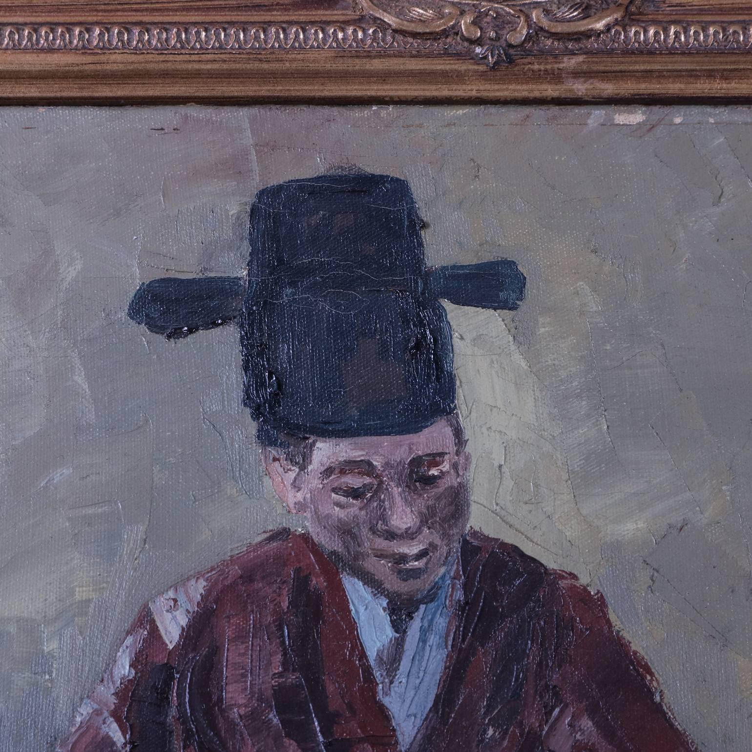 Chinese oil on canvas painting depicts Chinese musician in traditional garb paying his guqin, giltwood surround, Artist-signed chop marks bottom left, 20th century.

***DELIVERY NOTICE – Due to COVID-19 we are employing NO-CONTACT PRACTICES in the