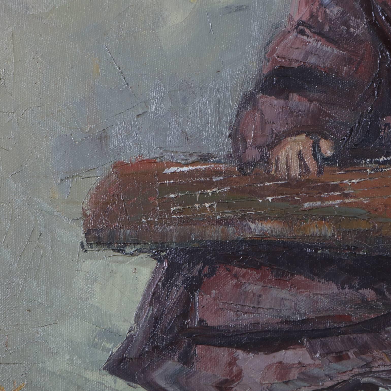 Hand-Painted Chinese Oil on Canvas Signed Painting of Musician Playing a Guqin, 20th Century