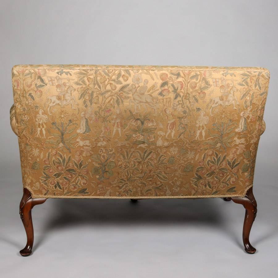 Antique Queen Anne Hunt Scene Carved Mahogany Upholstered Settee, 19th Century In Good Condition In Big Flats, NY