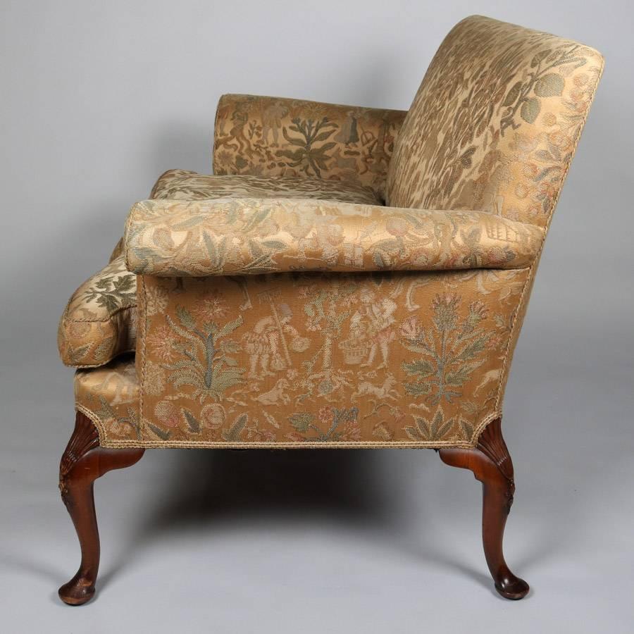 Upholstery Antique Queen Anne Hunt Scene Carved Mahogany Upholstered Settee, 19th Century