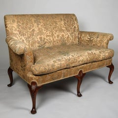 Antique Queen Anne Hunt Scene Carved Mahogany Upholstered Settee, 19th Century