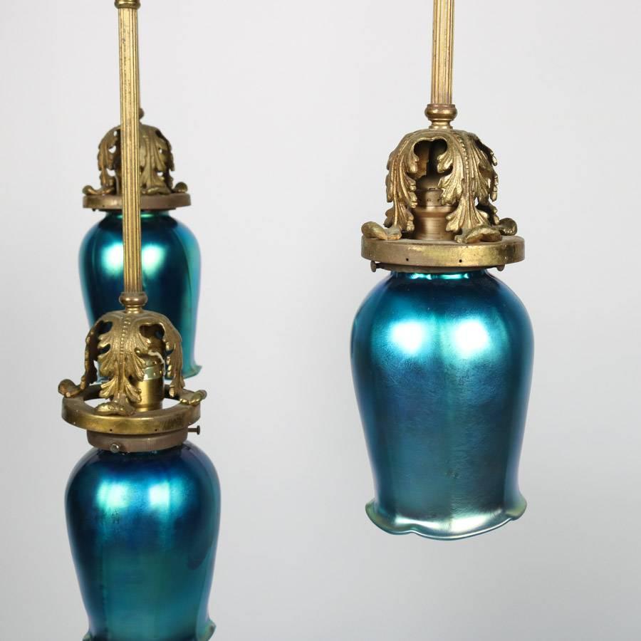 Bronze Antique Arts & Crafts Chandelier with Steuben School Aurene Glass Tulip Shades