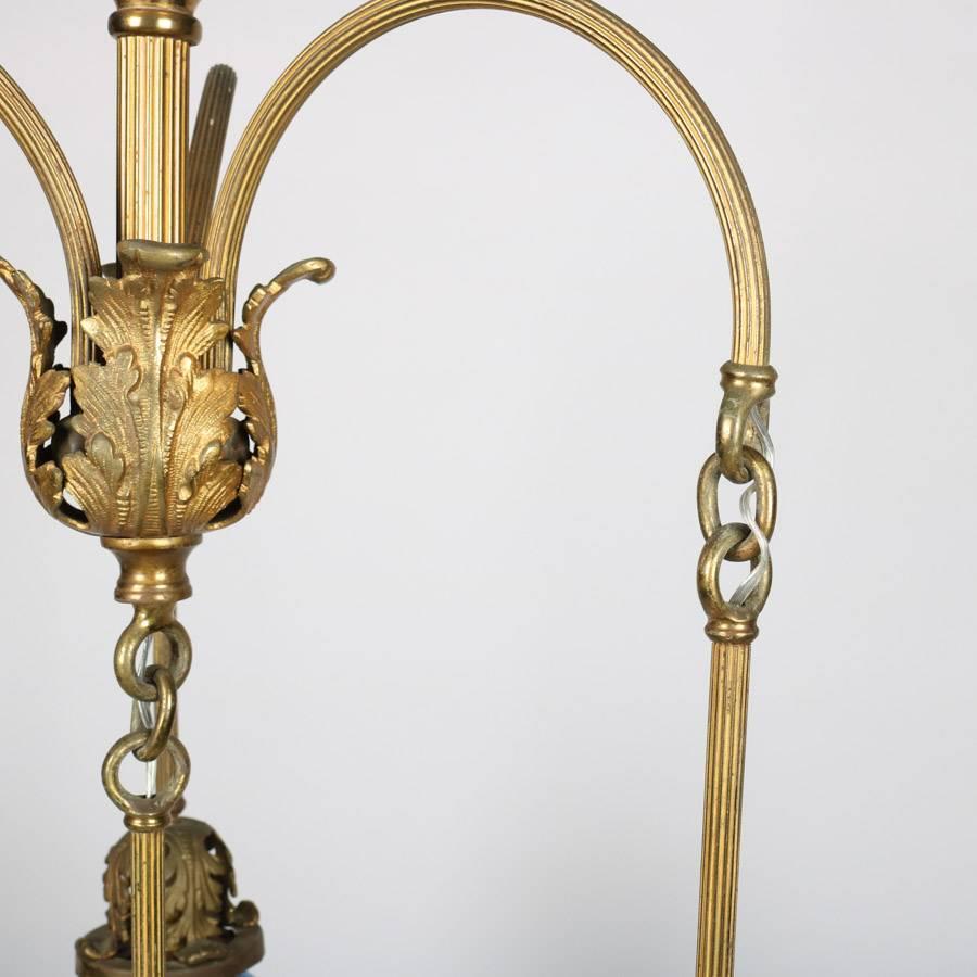 American Antique Arts & Crafts Chandelier with Steuben School Aurene Glass Tulip Shades