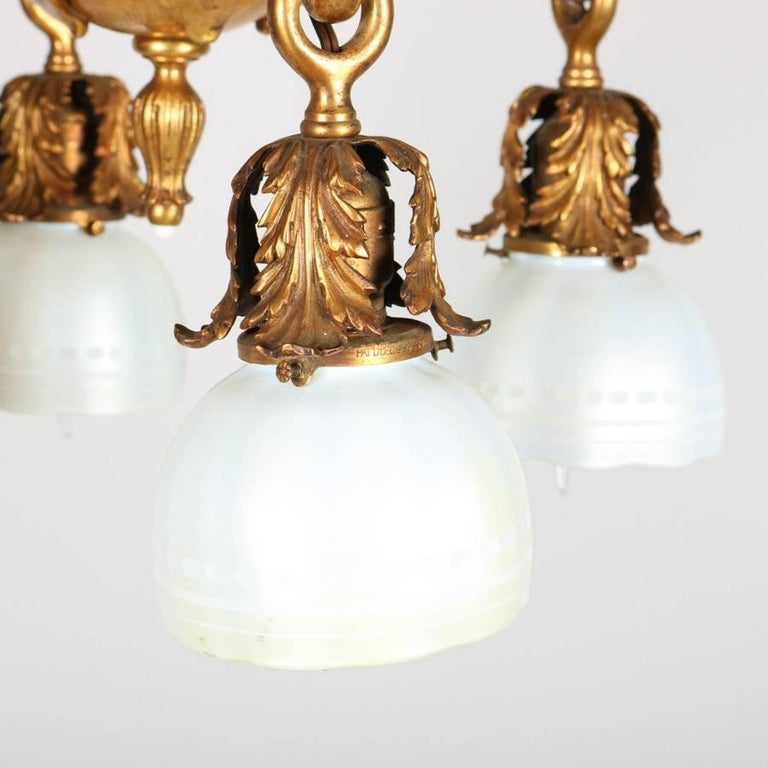 Antique Art Nouveau Tiffany School Bronze Chandelier with Steuben