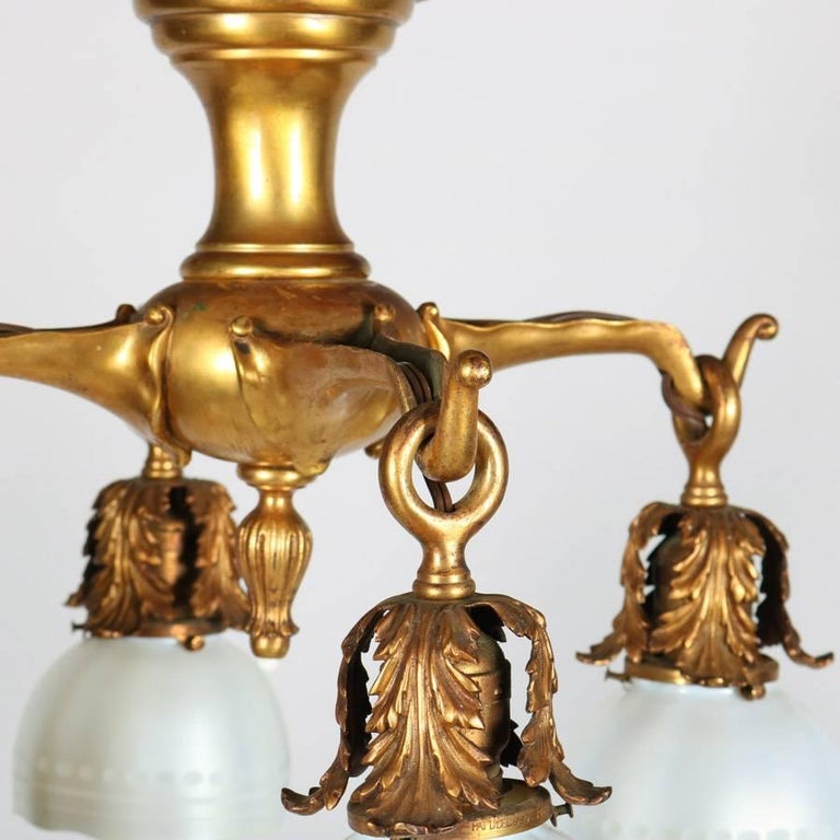 Antique Art Nouveau Tiffany School Bronze Chandelier with Steuben