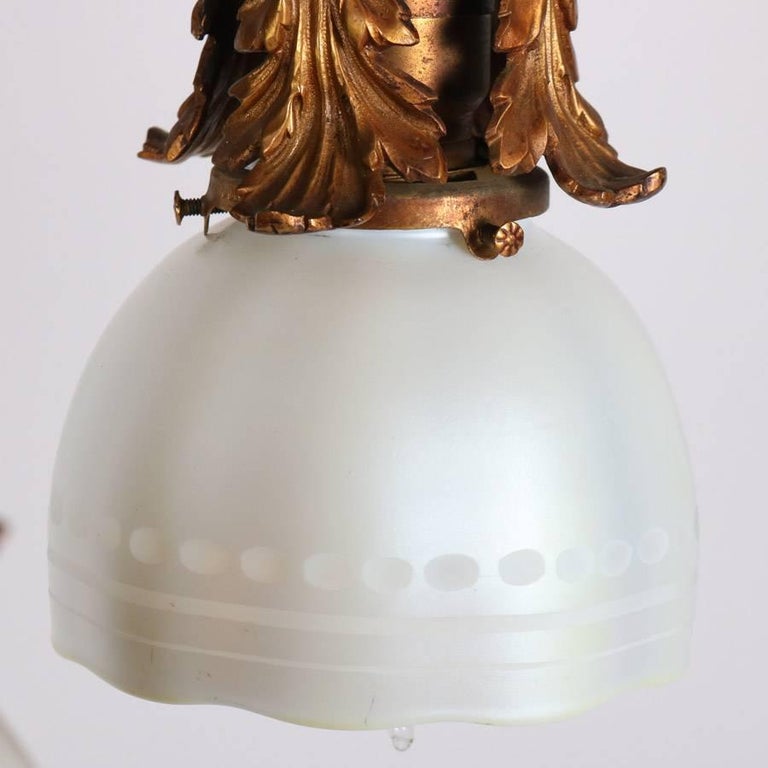 Antique Art Nouveau Tiffany School Bronze Chandelier with Steuben