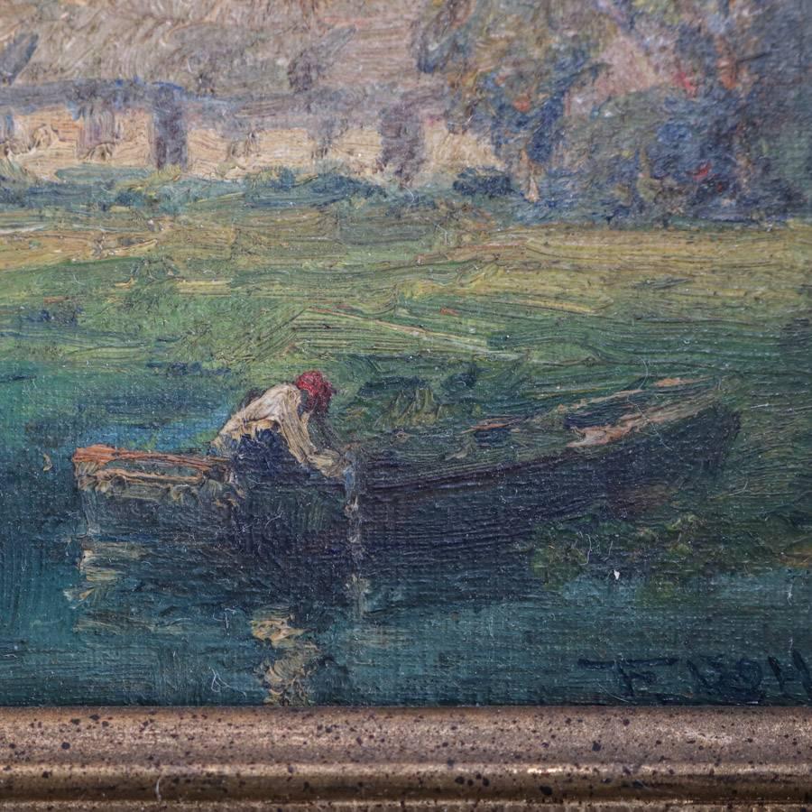 Antique oil on canvas New Hope School impressionism painting of lake scene with boat and cottage, deep gilt surround, signed lower right, 19th century

Measures: 10.25