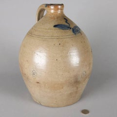 Antique Early American Blue Paint Decorated Stoneware Jug, 19th Century