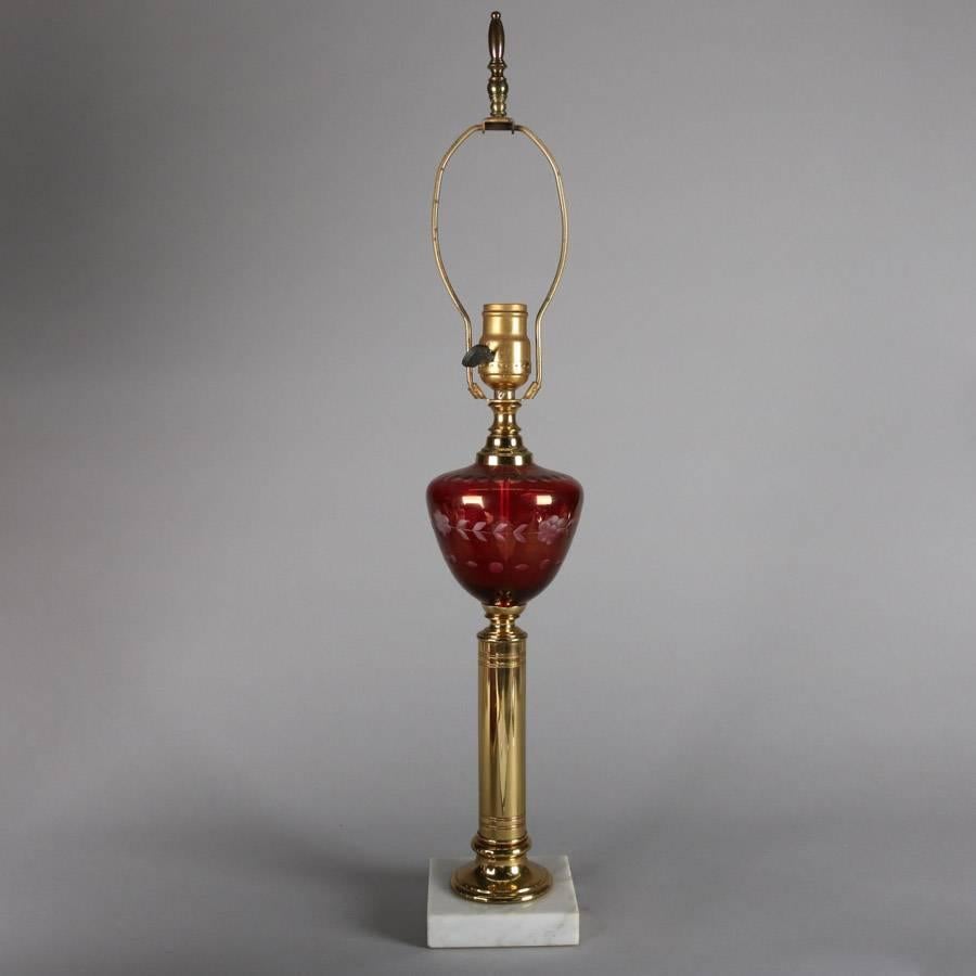 Etched Pair of Cut to Clear Cranberry Glass, Marble and Brass Lamps, 20th Century