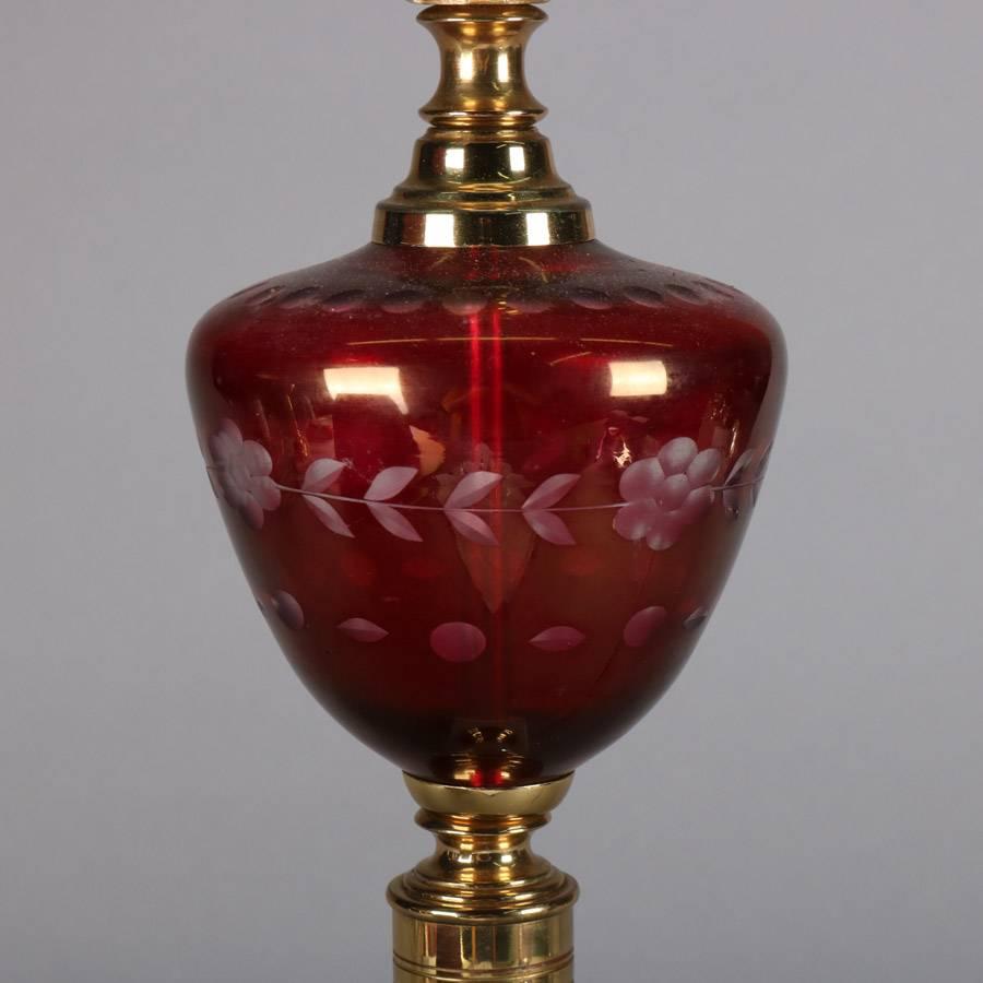 Pair of Cut to Clear Cranberry Glass, Marble and Brass Lamps, 20th Century In Good Condition In Big Flats, NY