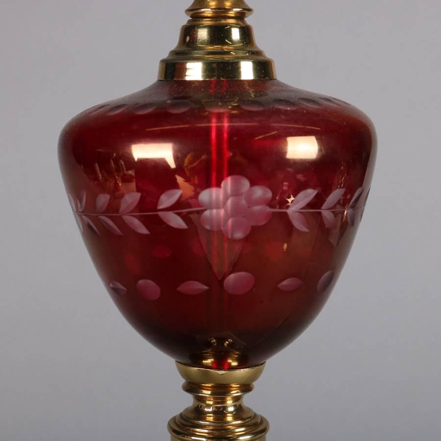 Pair of Cut to Clear Cranberry Glass, Marble and Brass Lamps, 20th Century 1