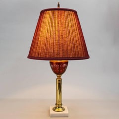 Pair of Cut to Clear Cranberry Glass, Marble and Brass Lamps, 20th Century