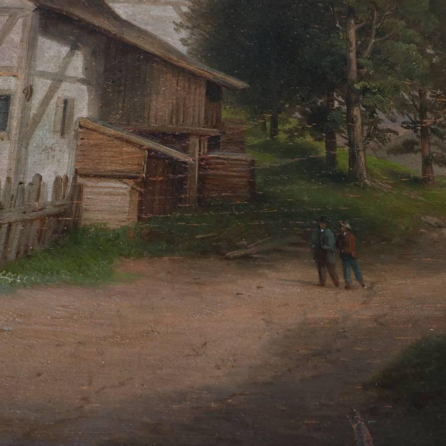 Hand-Painted Antique Dutch Oil on Board Painting of Farm Scene in Gilt Frame, 19th Century