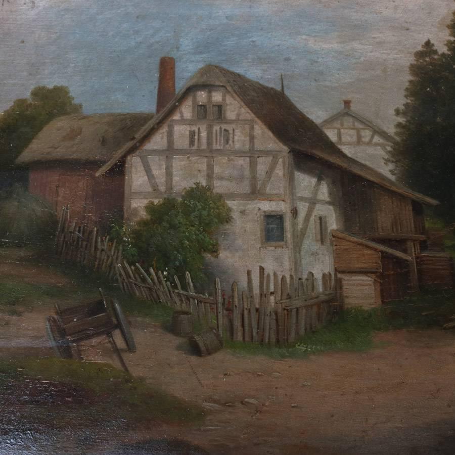 Antique Dutch oil on canvas painting of farm in countryside setting, seated in cove molded gilt frame, 19th century

Measures: 18" H x 26.5" W x 3" D, framed; 12" H x 20.5" W, sight.