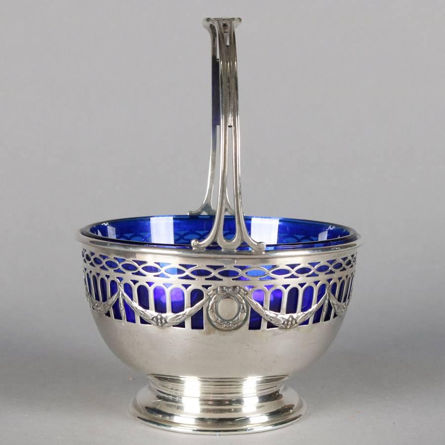 Federal Antique Gorham Pierced Sterling Silver Sugar Basket with Cobalt Glass Liner