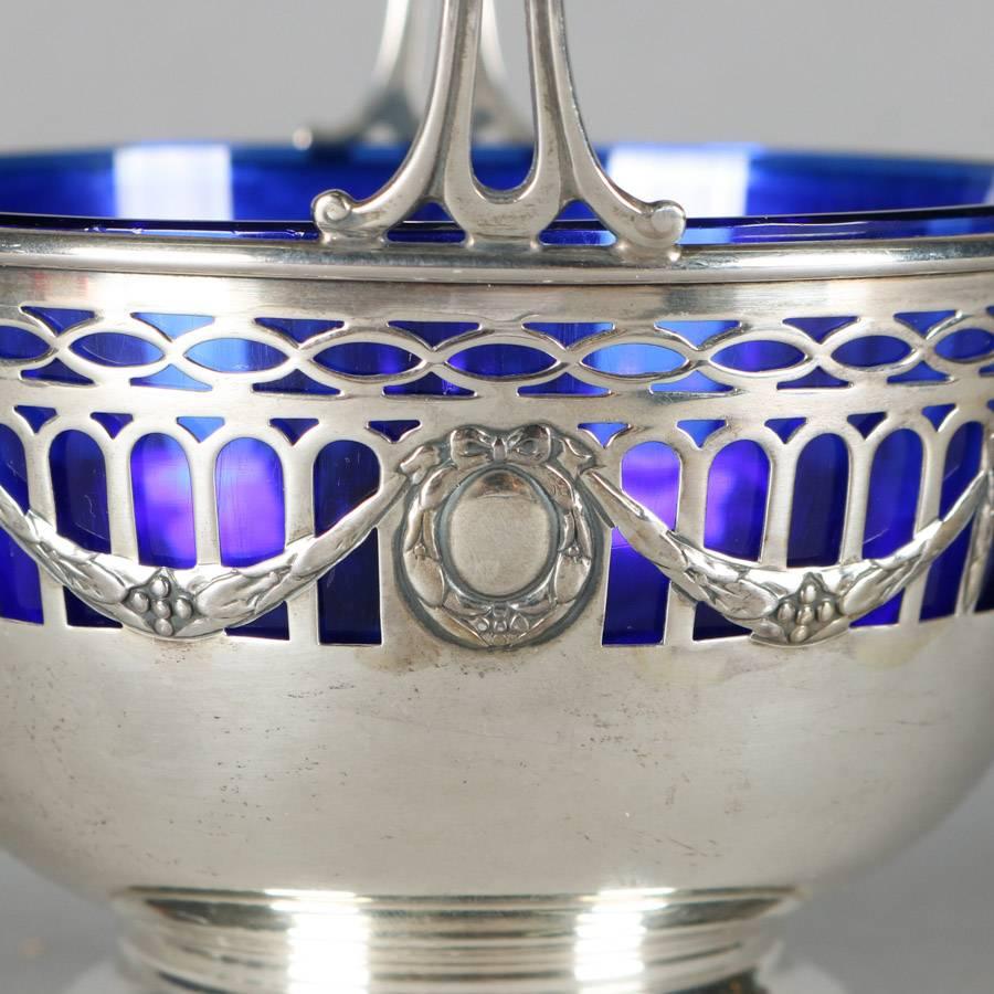 American Antique Gorham Pierced Sterling Silver Sugar Basket with Cobalt Glass Liner