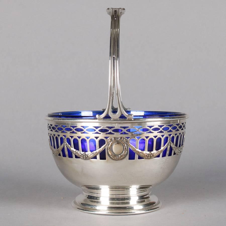 Antique Gorham Pierced Sterling Silver Sugar Basket with Cobalt Glass Liner In Good Condition In Big Flats, NY