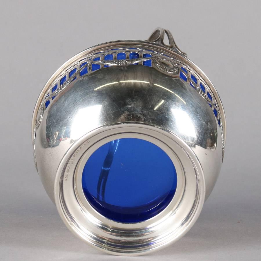 19th Century Antique Gorham Pierced Sterling Silver Sugar Basket with Cobalt Glass Liner