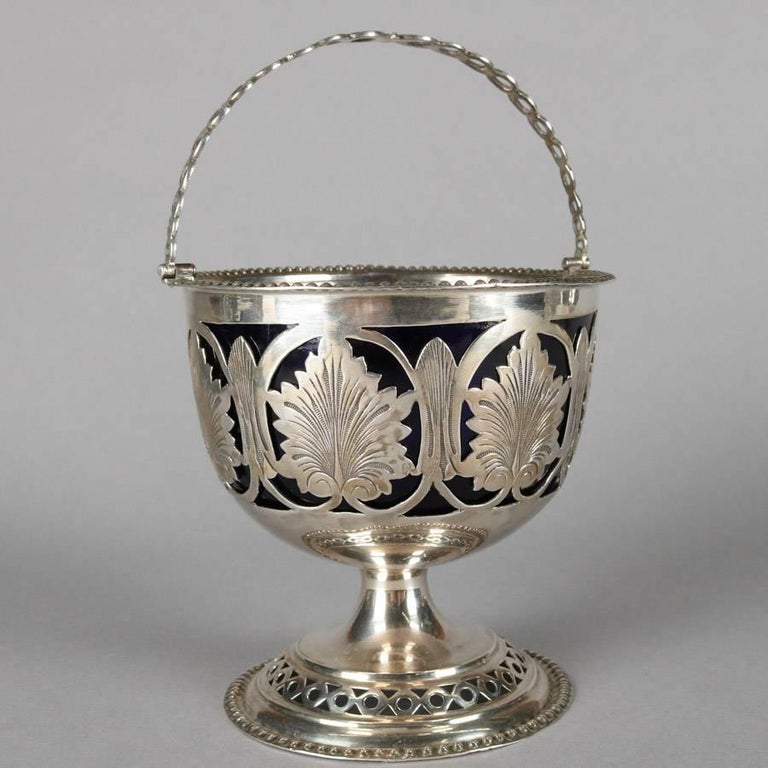 Antique English Pierced Sterling Silver Sugar Basket with Cobalt Glass