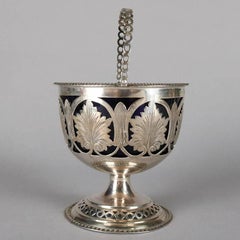 Antique English Pierced Sterling Silver Sugar Basket with Cobalt Glass Liner