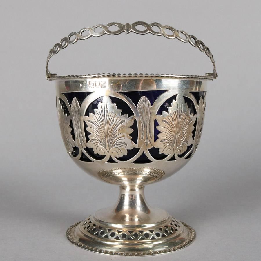 19th Century Antique English Pierced Sterling Silver Sugar Basket with Cobalt Glass Liner