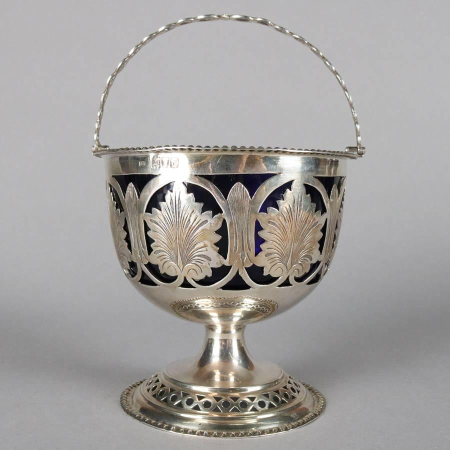 Antique English Pierced Sterling Silver Sugar Basket with Cobalt Glass Liner 1