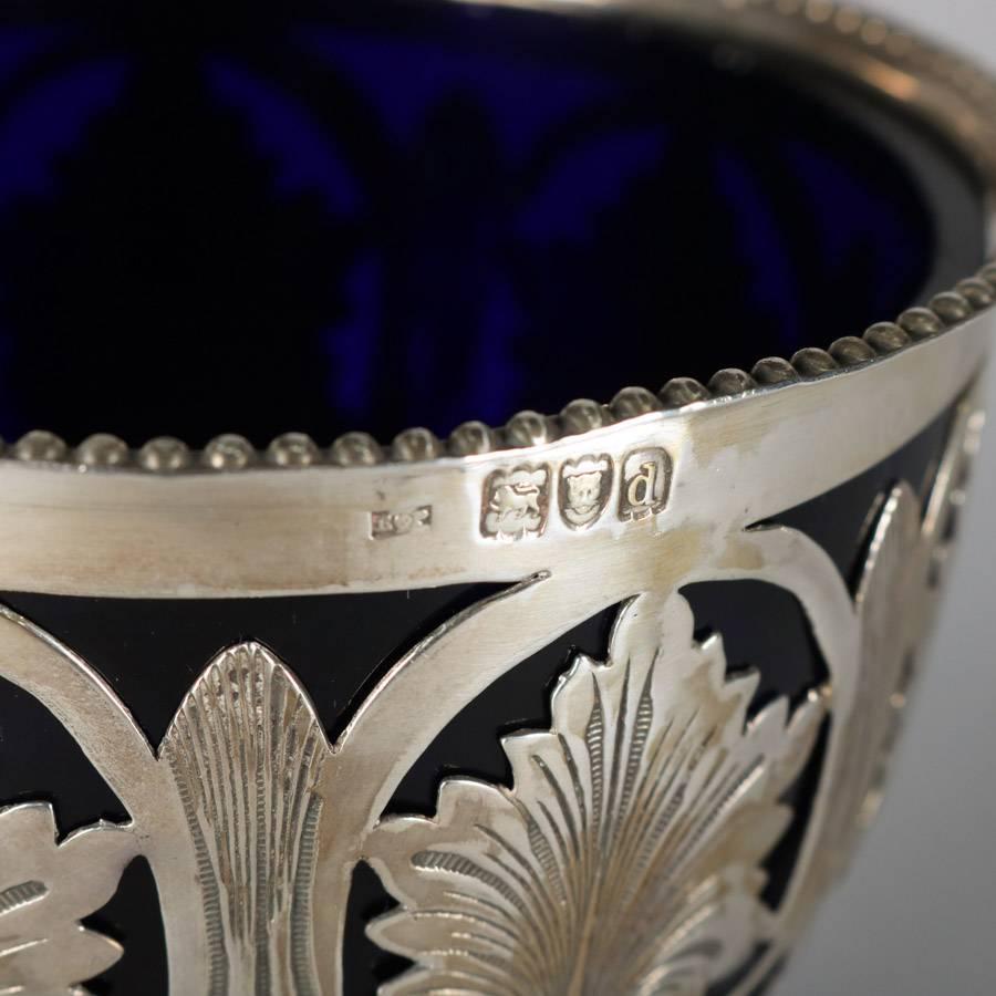 Antique English Pierced Sterling Silver Sugar Basket with Cobalt Glass Liner 3