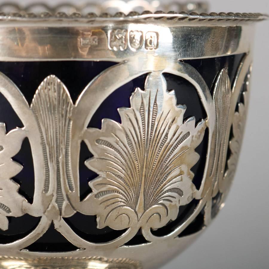 Antique English Pierced Sterling Silver Sugar Basket with Cobalt Glass Liner 2