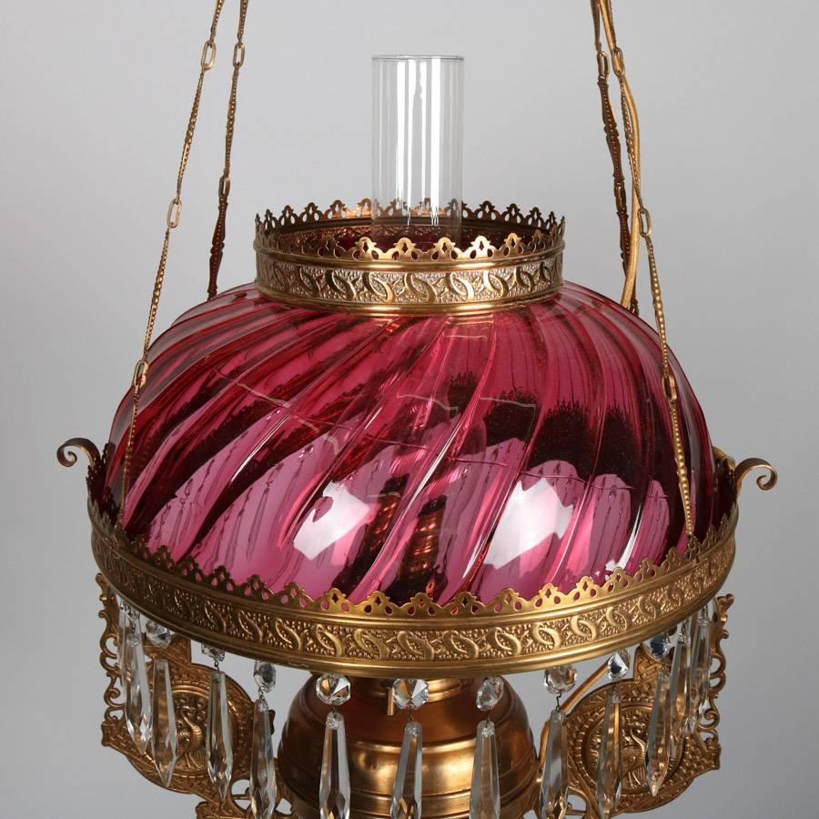 Cast Antique Figural Glass, Gilt and Crystal Hanging Parlor Lamp, 19th Century