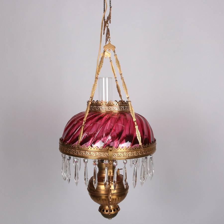 American Antique Figural Glass, Gilt and Crystal Hanging Parlor Lamp, 19th Century