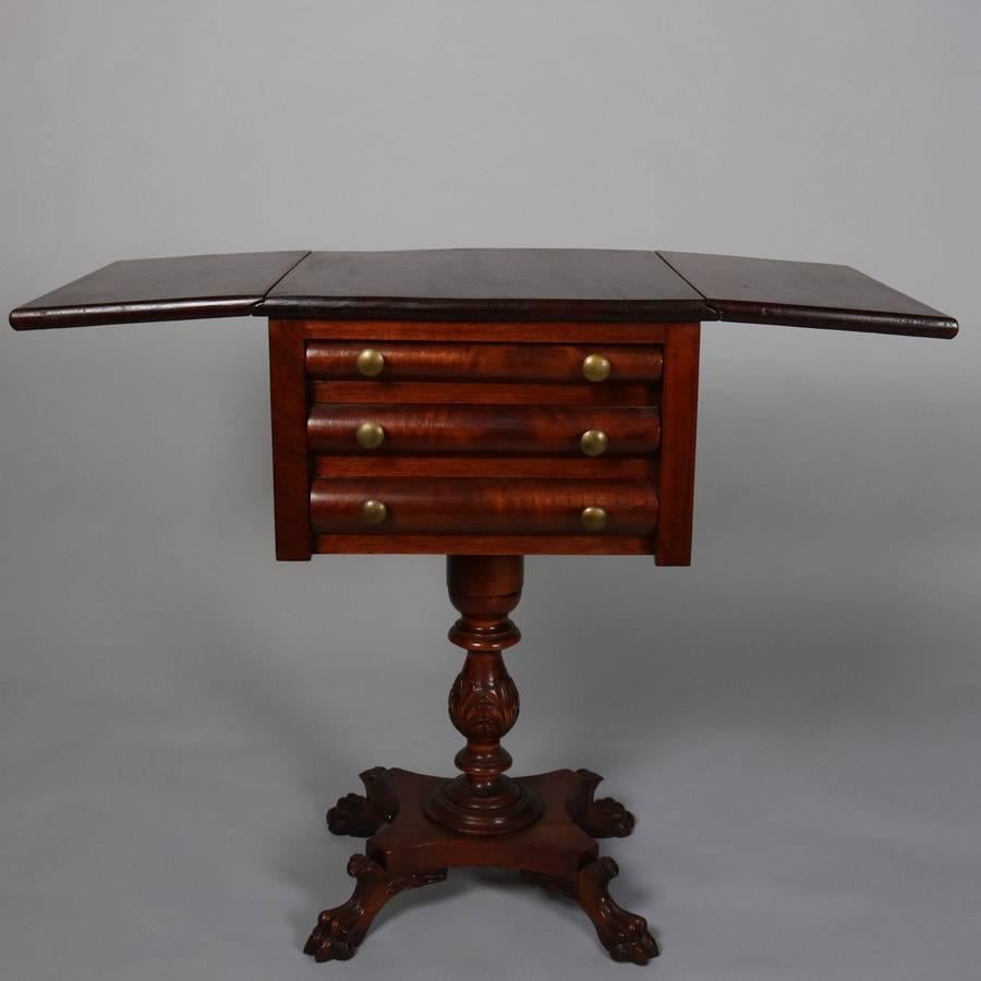 Antique American Empire Classical Flame Mahogany Drop-Leaf Three-Drawer Stand In Good Condition In Big Flats, NY