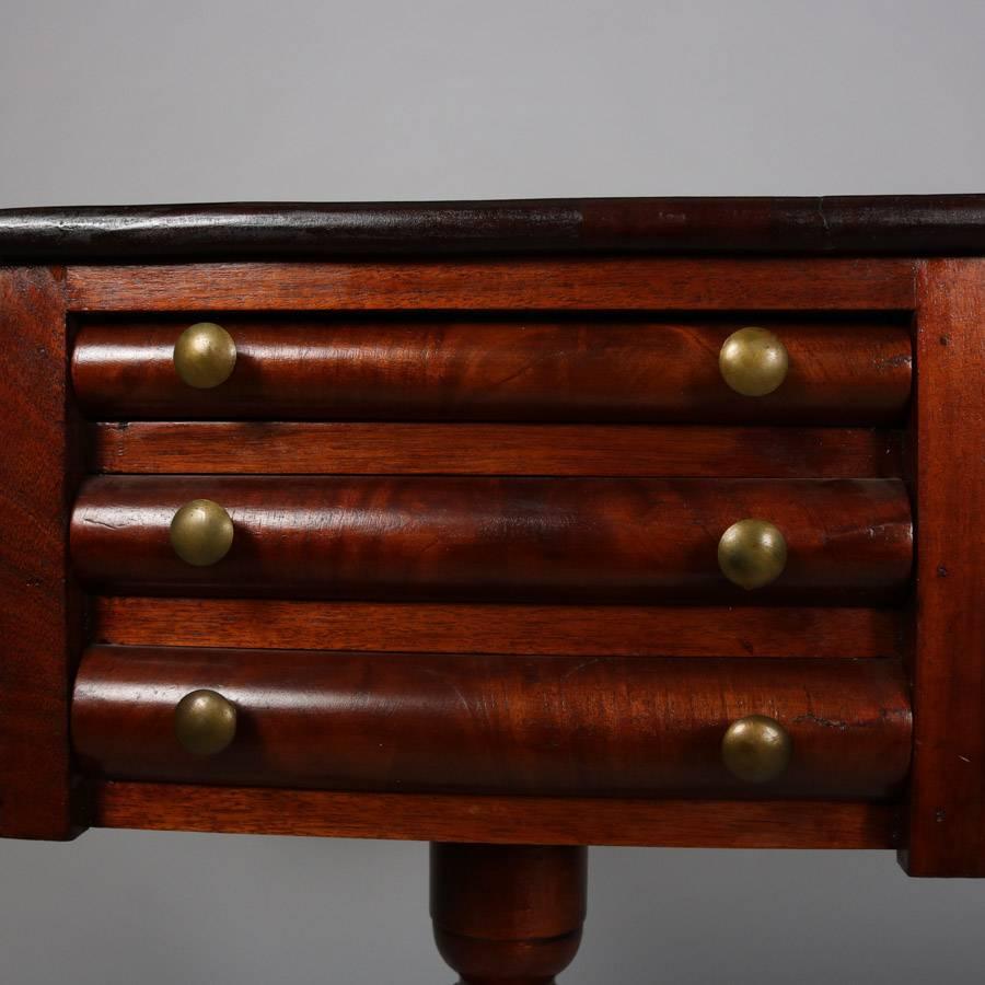 Antique American Empire Classical Flame Mahogany Drop-Leaf Three-Drawer Stand 2