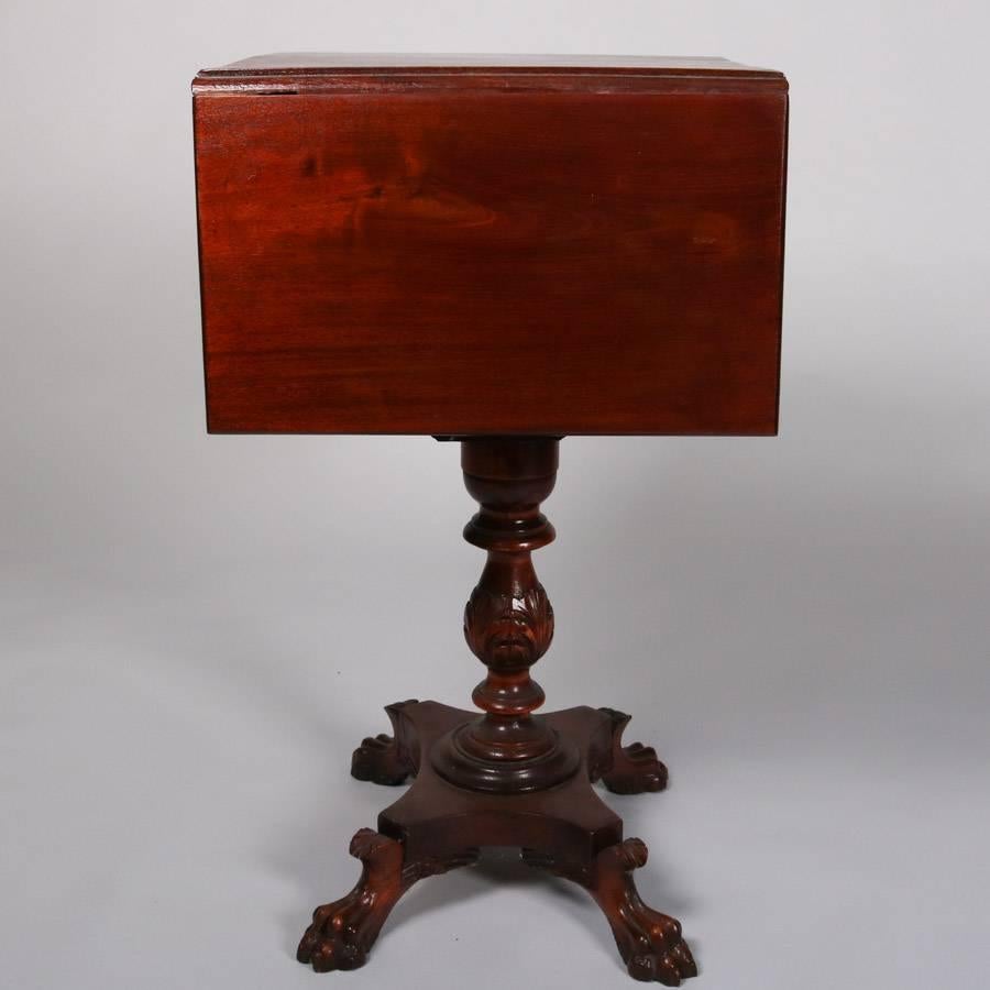 19th Century Antique American Empire Classical Flame Mahogany Drop-Leaf Three-Drawer Stand
