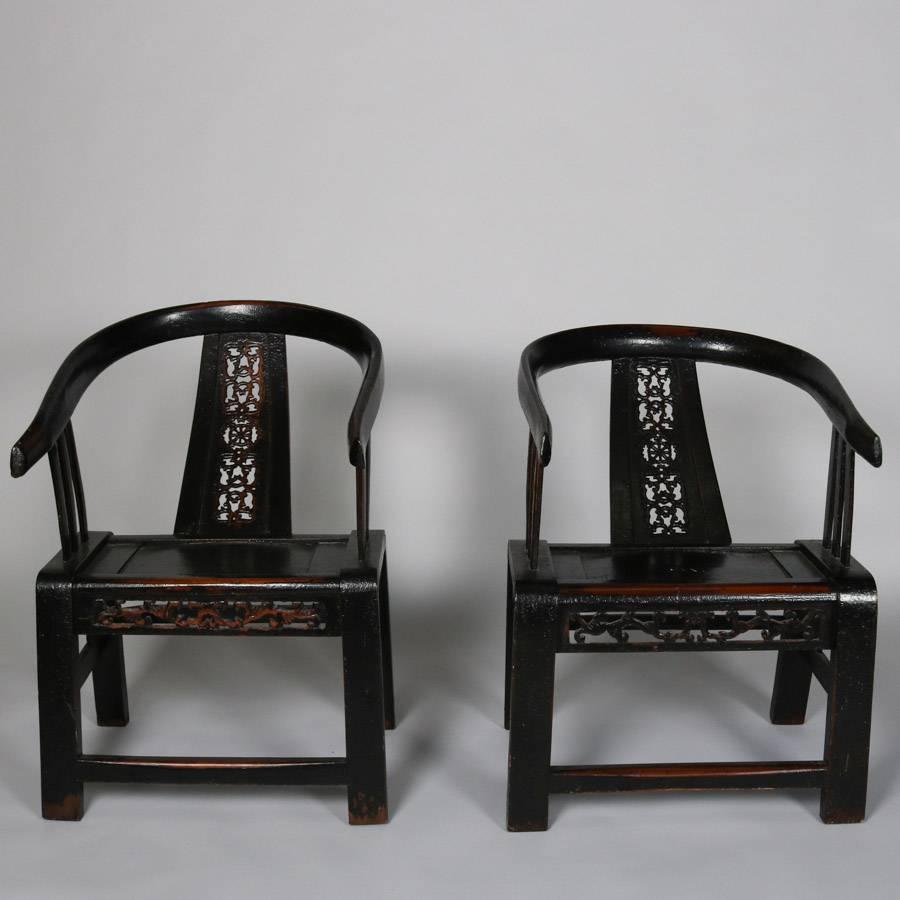 Wood Pair of Chinese Carved and Ebonized Side Chairs with Pierced Slat Back