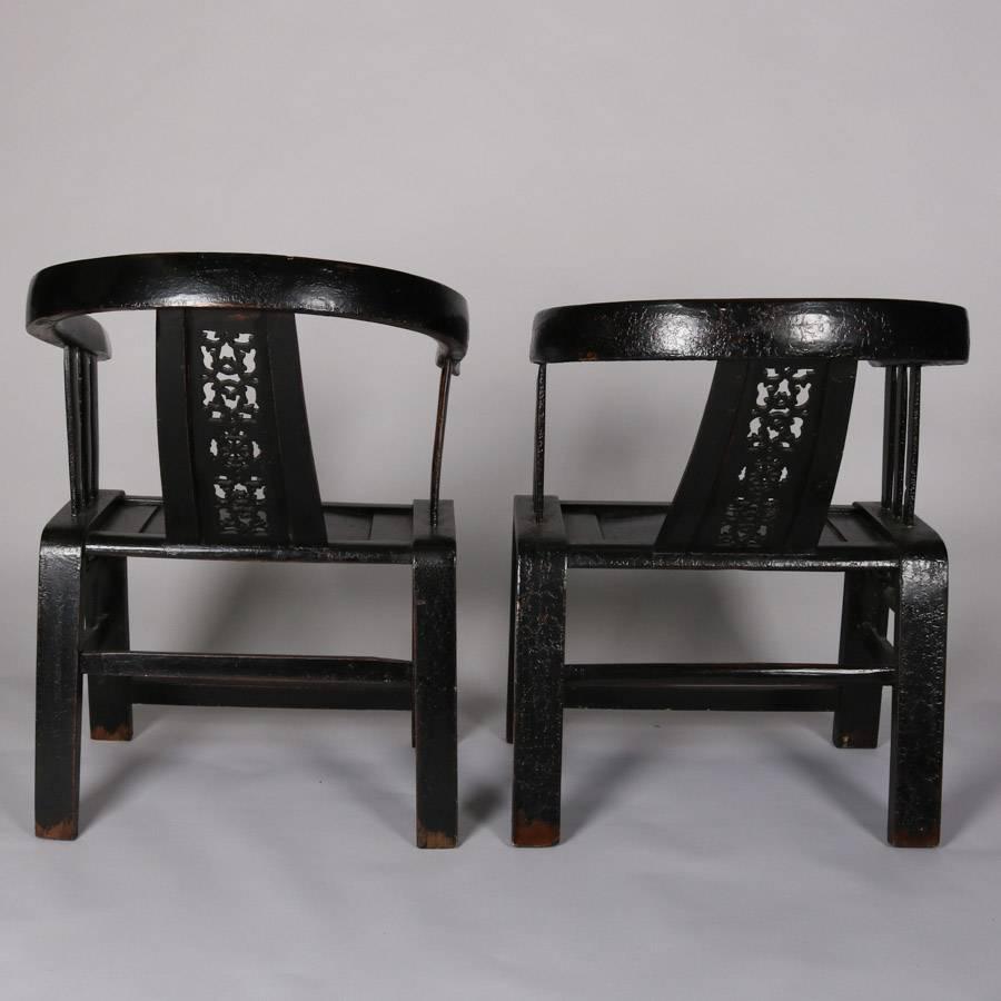 Pair of Chinese Carved and Ebonized Side Chairs with Pierced Slat Back In Good Condition In Big Flats, NY