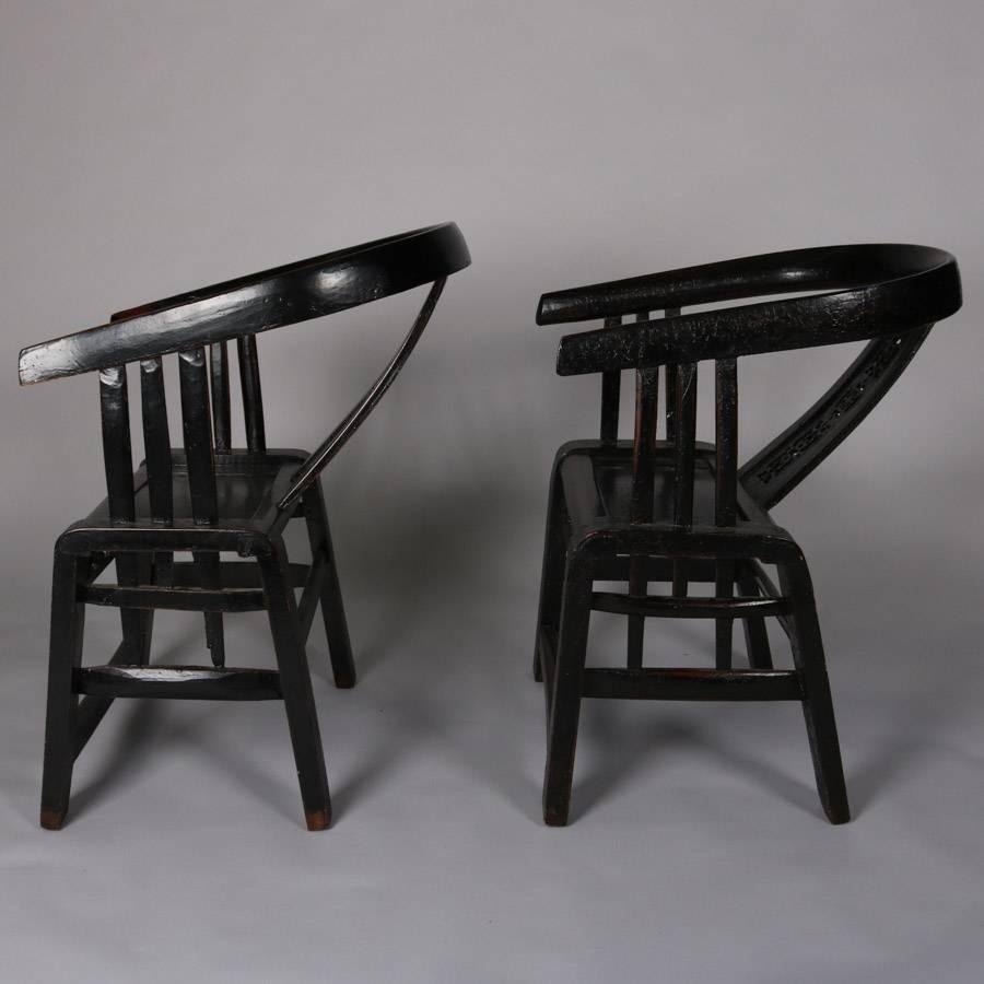 20th Century Pair of Chinese Carved and Ebonized Side Chairs with Pierced Slat Back