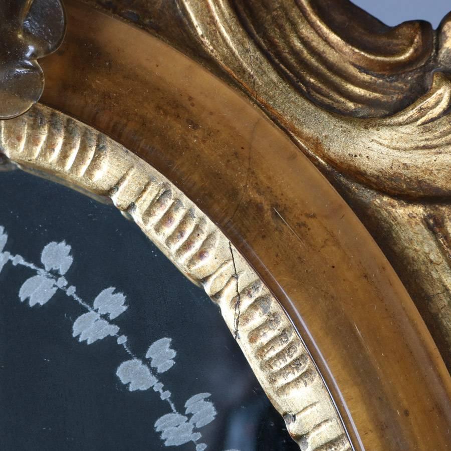 Antique Venetian Rococo Carved Giltwood & Etched Diminutive Wall Mirror, 19th C In Good Condition In Big Flats, NY