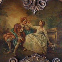 Antique French Louis XVI Gilt Trumeau Mirror, Oil on Board Courting Scene
