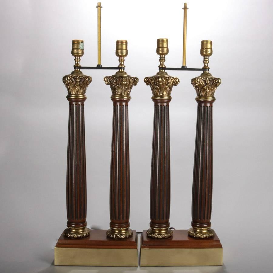 Cast Pair of Classical Double Light Mahogany and Bronze Column Table Lamps