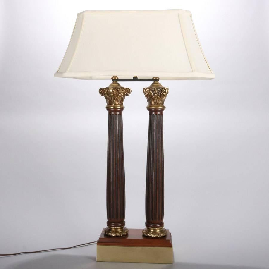 Pair of Classical Double Light Mahogany and Bronze Column Table Lamps In Good Condition In Big Flats, NY