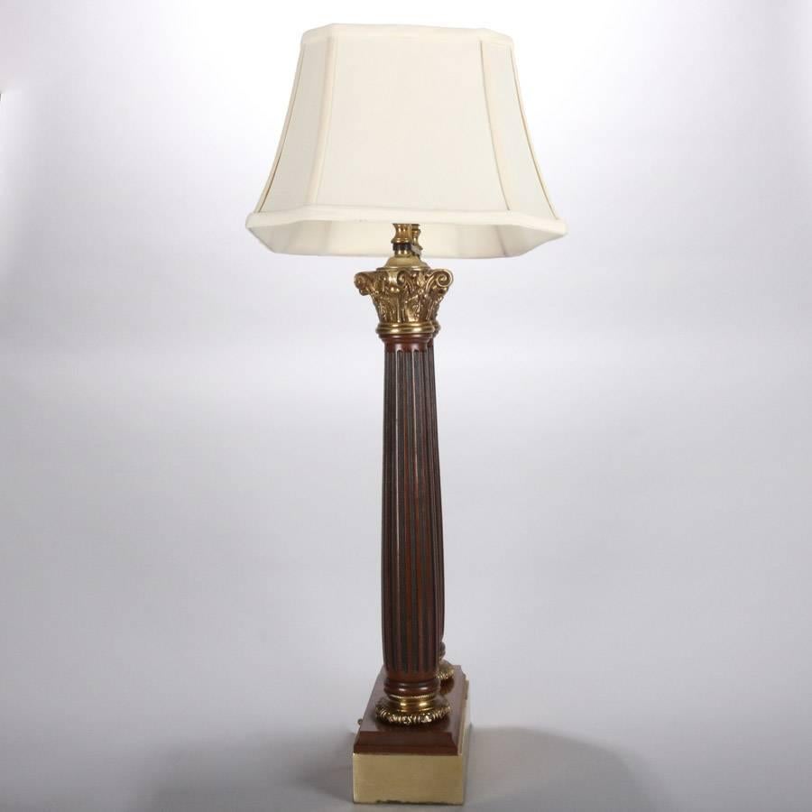 20th Century Pair of Classical Double Light Mahogany and Bronze Column Table Lamps