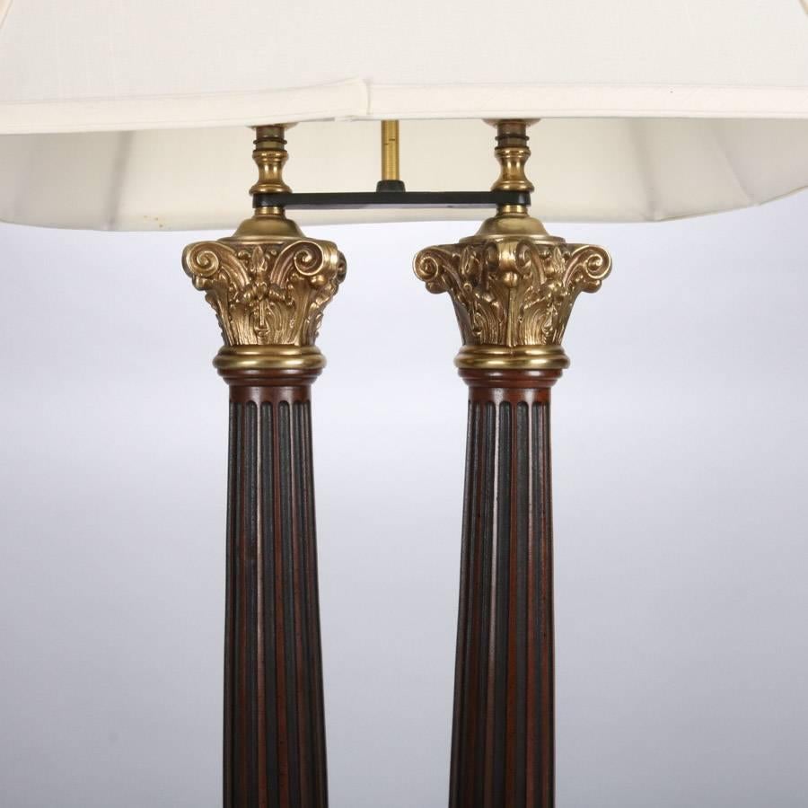 Pair of Classical Double Light Mahogany and Bronze Column Table Lamps 1