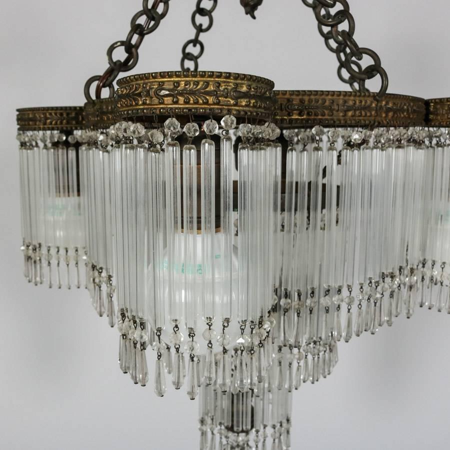 Antique Art Deco Tiered Crystal and Bronze Five-Light Chandelier, circa 1920 2