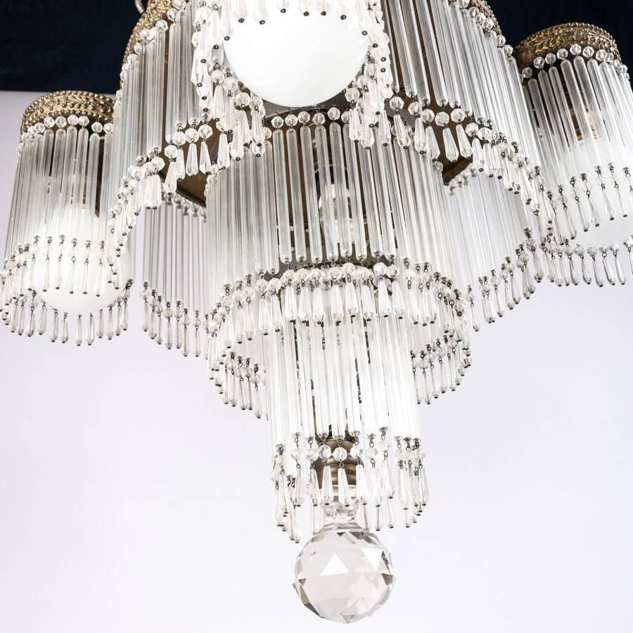 Antique Art Deco Tiered Crystal and Bronze Five-Light Chandelier, circa 1920 4