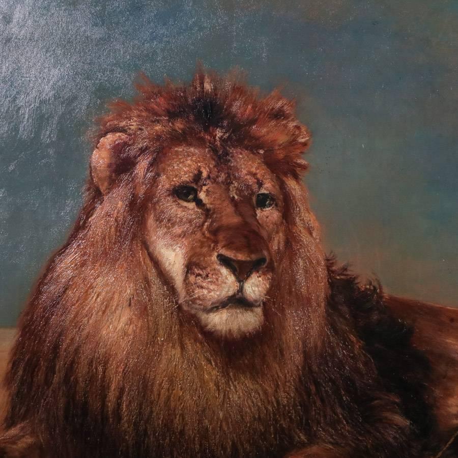Hand-Painted Monumental Oil on Canvas Painting of Recumbent Lion, Giltwood Framed