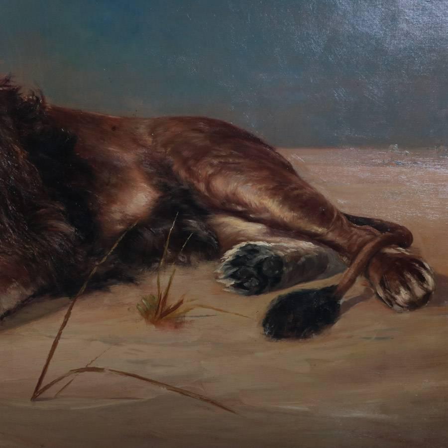 Monumental Oil on Canvas Painting of Recumbent Lion, Giltwood Framed In Good Condition In Big Flats, NY